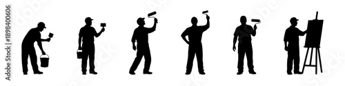 Painter silhouettes using paint rollers and buckets in various poses, isolated on white background, renovation concept.