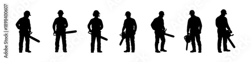 Worker silhouettes holding chainsaws in different standing poses, isolated on white background, forestry and cutting concept.