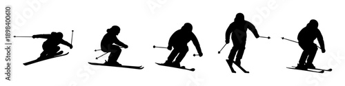 Dynamic skier silhouettes performing jumps and sharp turns, isolated on white background, extreme winter sports theme.