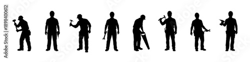 Construction worker silhouettes holding tools in various standing and working poses, isolated on white background.