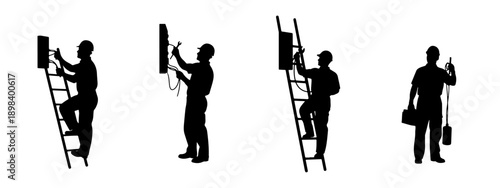 Electrician silhouettes working on electrical panels and wiring on ladders, isolated on white background.