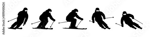 Skier silhouettes in dynamic downhill skiing poses, isolated on white background, winter sports action concept.