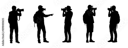 Photographer silhouettes holding cameras and shooting photos in different poses, isolated on white background.