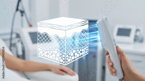 Handheld aesthetic device emitting blue light beams towards skin layers,showing concept of dermatological treatment,non-invasive cosmetic procedure,skin rejuvenation