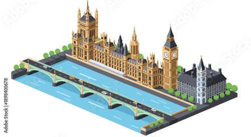Isometric london landmark with thames river in 3d style