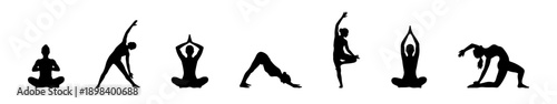 Yoga and meditation silhouettes showing stretching, balance, and relaxation poses, isolated on white background.