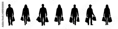 Silhouettes of people carrying shopping bags while walking, isolated on white background, retail and consumer concept.