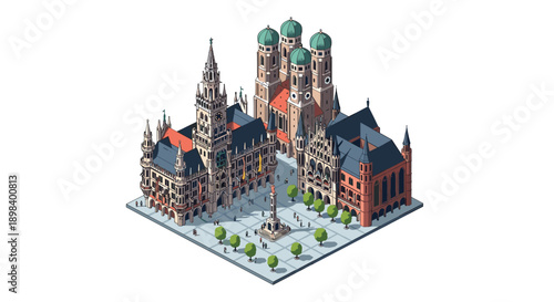 Isometric 3d architecture of marienplatz with iconic munich landmarks