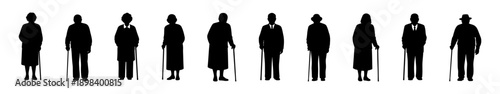 Silhouettes of elderly men and women standing with walking canes, isolated on white background, senior age concept.