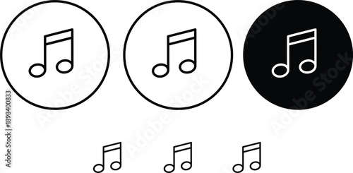 Music note icon set sound melody audio symbol minimal outline black white circle button vector illustration