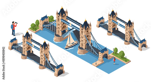 Isometric view of iconic bridge landmark with tourists and sailboat on river