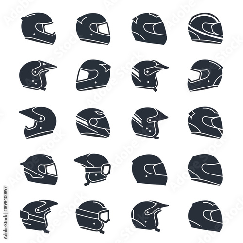 Collection of motorcycle helmet icons, various styles, safety gear illustrations