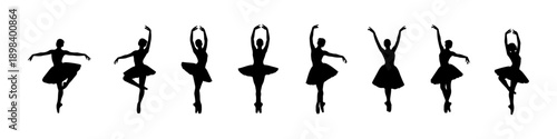 Ballet dancer silhouettes performing classical dance poses, isolated on white background, elegance and grace theme.