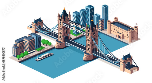 Isometric urban scene featuring iconic bridge and cityscape detailing architecture and landmarks