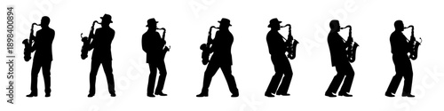 Saxophone player silhouettes performing music in different poses, isolated on white background, jazz concept.