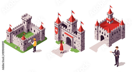 Isometric medieval castles with people and red flags for design projects