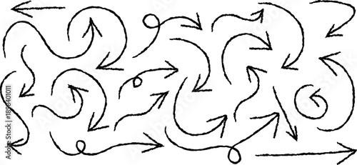 A complex hand drawn illustration depicts a chaotic network of swirling lines and directional arrows creating a sense of movement high quality professional