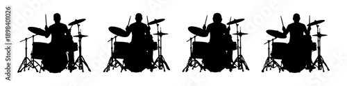 Drummer silhouettes playing drum kits in different poses, isolated on white background, live music performance concept.