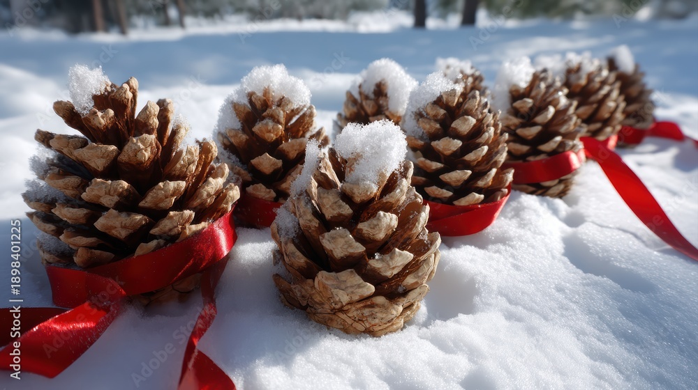 Fototapeta premium Add a touch of winter wonder to your holiday decor with this beautiful arrangement of snow-covered pine cones on pure white snow, adorned with festive 
