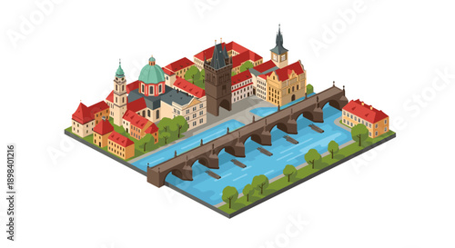 Colorful isometric urban landscape with historic bridge and buildings