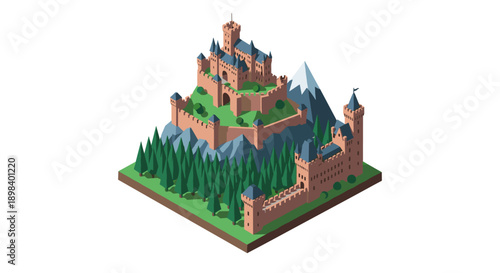 Isometric medieval castle with pine trees and mountains on grass