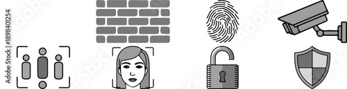 Security icons set including CCTV camera, shield, lock, brick wall, face recognition, and padlock, for website or app security concept, Isolated on transparent background, png