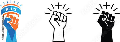 Raised fist plus icon set power strength unity protest support symbol minimal outline black white vector illustration