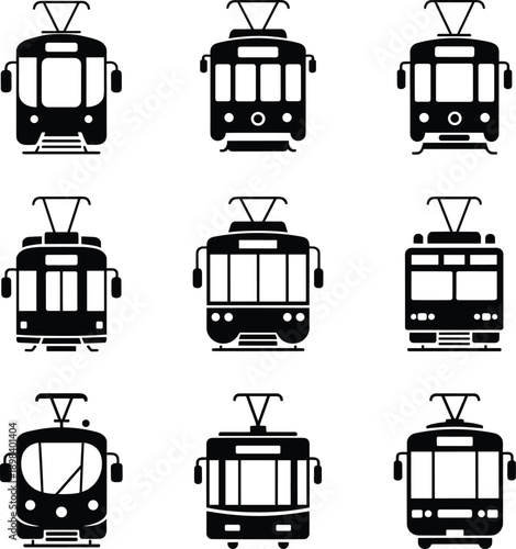 Collection of nine black silhouette icons of different tram fronts on a white background trolleybus streetcar