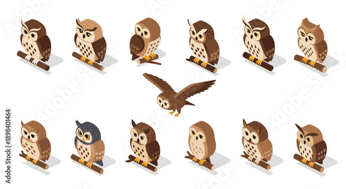 Collection of Various Owl Illustrations and One Bird.