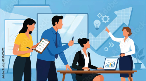 Business team meeting in office with graphs and charts on screen and laptop discussing data analysis