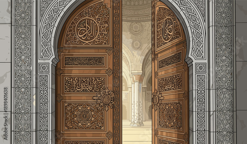 Islamic mosque doorway, ornate wooden doors, Arabic calligraphy carvings, geometric stone arch, cultural architecture, religious entrance, spiritual design, heritage art