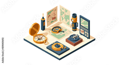 Isometric adventure kit with maps and compass
