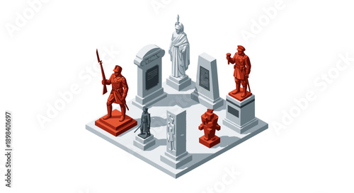 Historical monument collection in isometric style with red accents