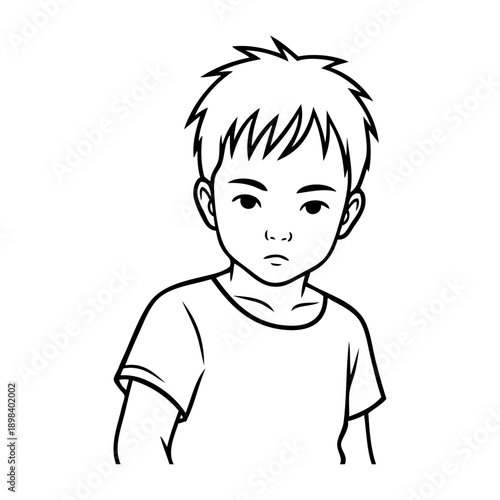 Dibujo sencillo con líneas de un niño de raza asiática con camiseta de manga corta 