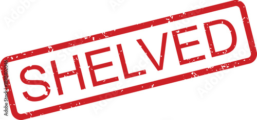 Grungy red rubber stamp showing the word SHELVED inside a rectangle on a simple white backdrop