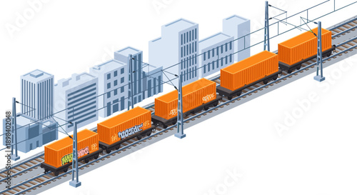 Isometric freight train with graffiti containers in urban cityscape