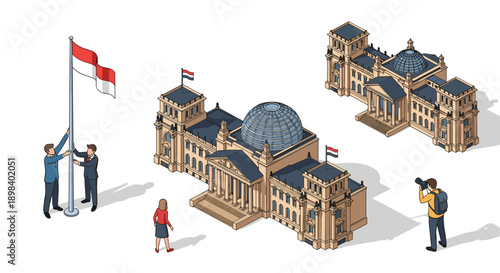 Isometric architectural landmarks with people and flag interaction