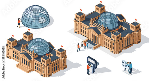 Isometric architectural landmarks with dome roofs and people interacting in urban scenes