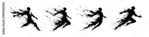 Abstract black ink silhouette of a human figure in motion with splashes, conveying energy, emotion and transformation.