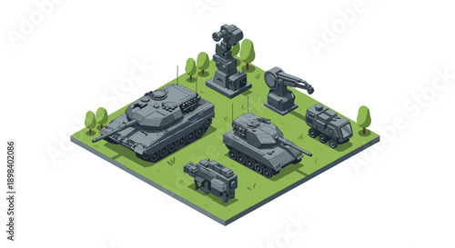 Isometric military vehicles on terrain with trees and radar equipment
