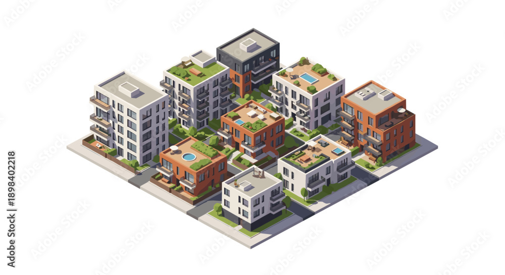 Obraz premium Modern isometric cityscape with urban apartment buildings and green rooftops