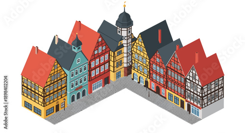 Charming isometric townhouses with traditional architecture and colorful facades