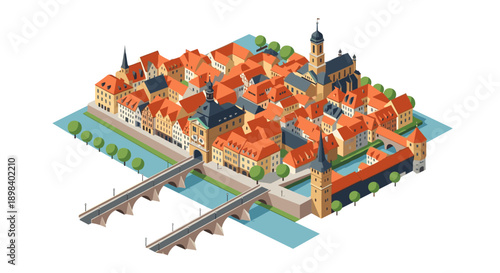Isometric medieval town with bridges and churches on a river