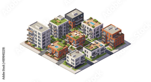 Modern isometric cityscape with urban apartment buildings and green rooftops