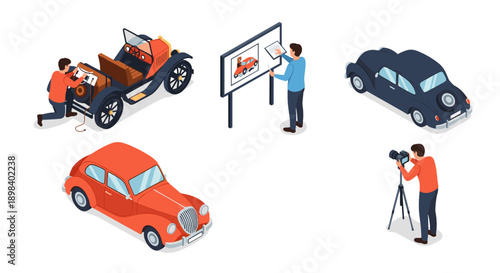 Isometric car restorers: vintage vehicles and enthusiasts at work