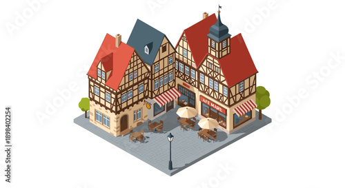 Charming european street with half-timbered buildings and cozy cafe scene