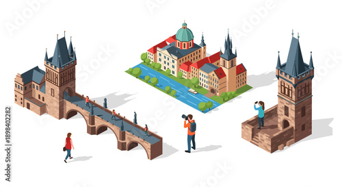 Charming european city landmark with tourists and iconic architecture in isometric art style