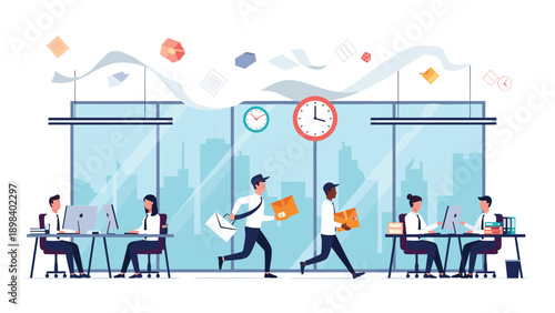 Busy office environment shows employees working at their desks while couriers run with mail and packages.