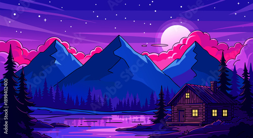 Retro pixel art mountain landscape illustration with a cabin by the lake under a vibrant starry sky and full moon