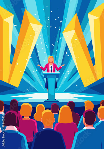 A vector illustration of a woman speaking at a podium on a stage with golden beams of light and an audience watching attentively